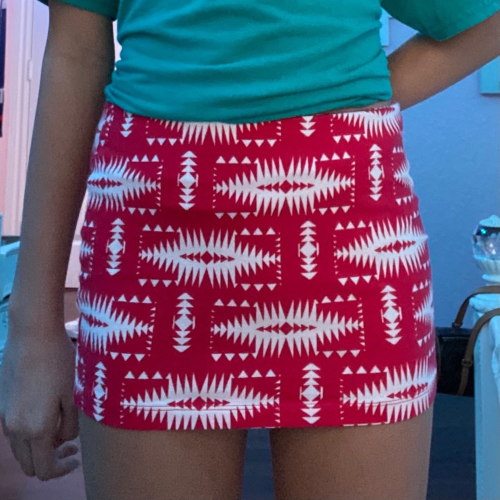 red and white patterned tight skirt